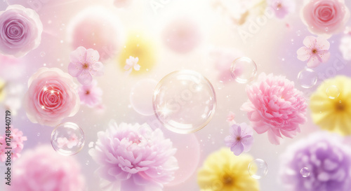 光に包まれた花とシャボン玉の幻想的な背景　春らしく柔らかい色合いのフェミニンデザイン
