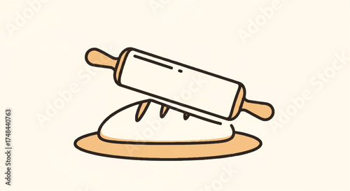 Flat lay illustration of a rolling pin on a plate with dough against a beige background.