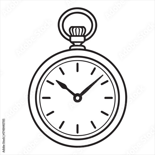 Classic pocket watch with chain loop and simple dial showing time in black and white line art illustration