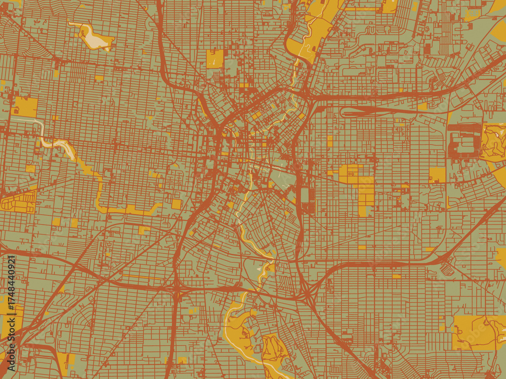 Fototapeta premium Decorative flat city map of San Antonio Center, Texas using olive backdrop with warm rust street network and ochre blocks.