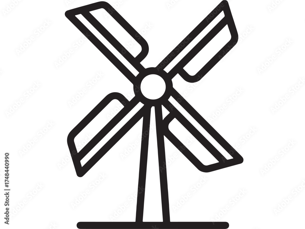 Obraz premium Simple graphic of a windmill with four blades on a stand, representing renewable energy.