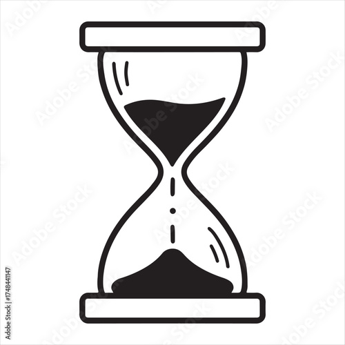 Simple hand drawn illustration of an hourglass with black sand flowing through its narrow middle