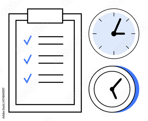 Clipboard with checklist of tasks, two clocks showing different times. Ideal for productivity, planning, time tracking, management, project deadlines, organization, simple flat metaphor