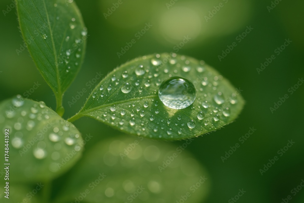 Fototapeta premium Close-up of Dew Drops on Green Leaves Capturing Nature's Beauty