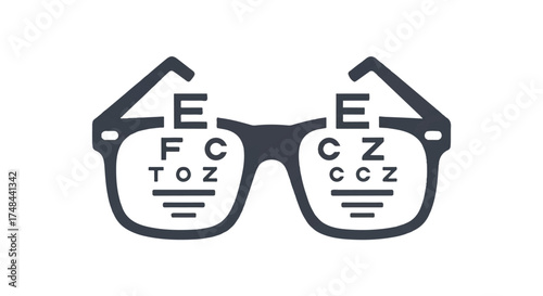 Graphic illustration of eyeglasses with eye test chart on the lenses against a white background.
