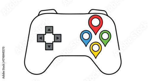 A simple line drawing of a video game controller with four colorful location pins on the right side against a white background.