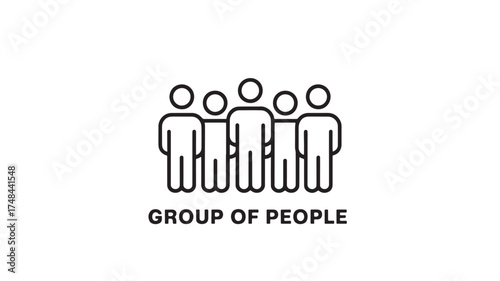 Simple line art illustration of a diverse group of five people standing together, representing unity and community.