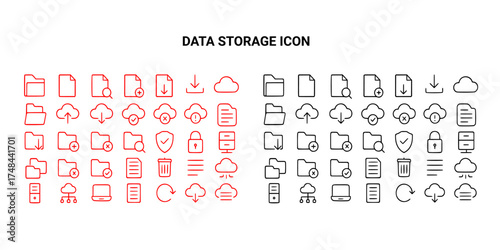 Set of line icons related to data exchange, traffic, files, cloud, server. Outline icon collection. Editable stroke. Vector illustration