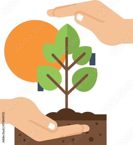 Protecting plant growth with hands and sun in flat design style