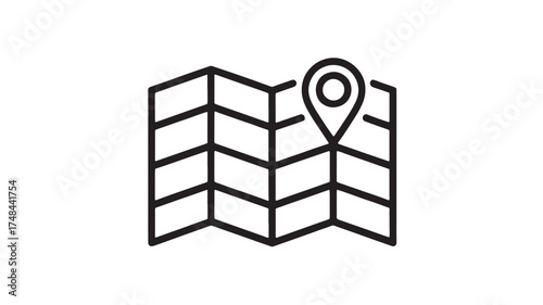 Simple line art icon of a folded map with a location pin on a white background.