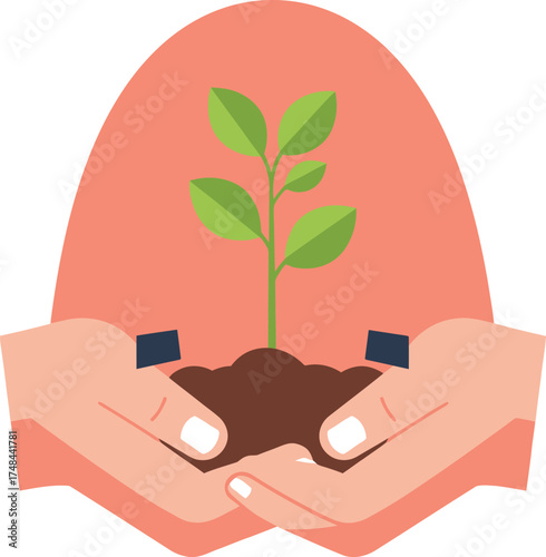 Hands holding plant seedling, business growth metaphor illustration