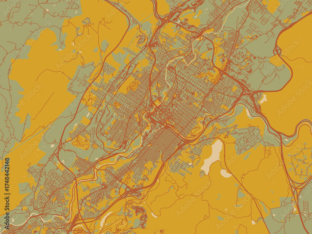 Naklejka premium Decorative flat city map of Scranton, Pennsylvania using sage green ground with rust-red roads and ochre accents.