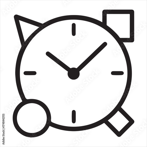 Abstract geometric clock face with simple shapes and lines representing time and measurement concepts