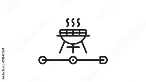 Simple line icon of a steaming barbecue grill with a connecting line and nodes