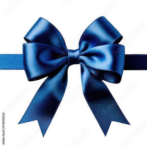 Blue ribbon with bow top view isolated on transparent background.