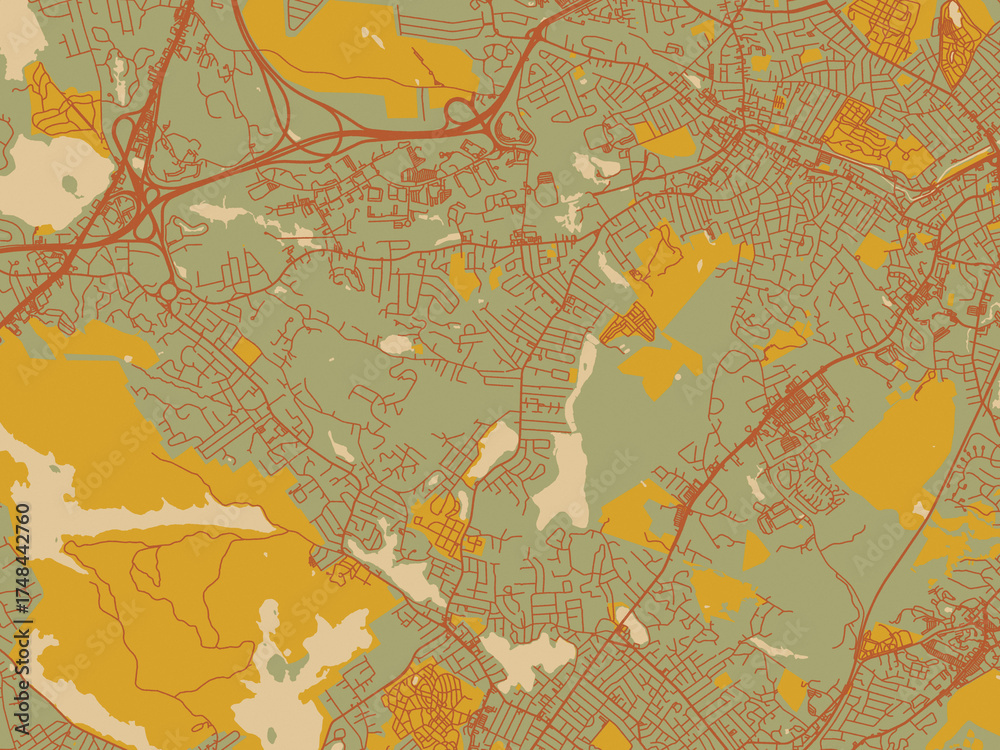 Naklejka premium Abstract flat-design map of South Peabody, Massachusetts, featuring olive backdrop with warm rust street network and ochre blocks.