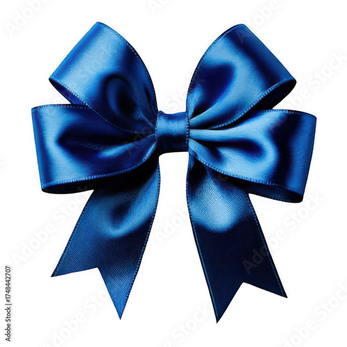 Blue ribbon with bow top view isolated on transparent background.