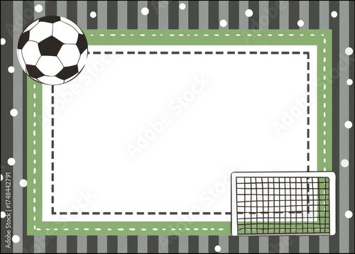 A green-bordered frame with a soccer ball and goal, set against a gray striped background dotted with white circles; ideal for a certificate or announcement