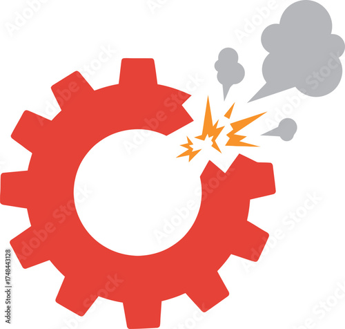 Broken gear, mechanical failure, cogwheel with smoke, vector design