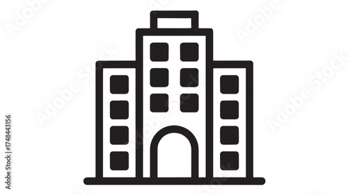 Simple black and white icon of a modern office building with arched entrance