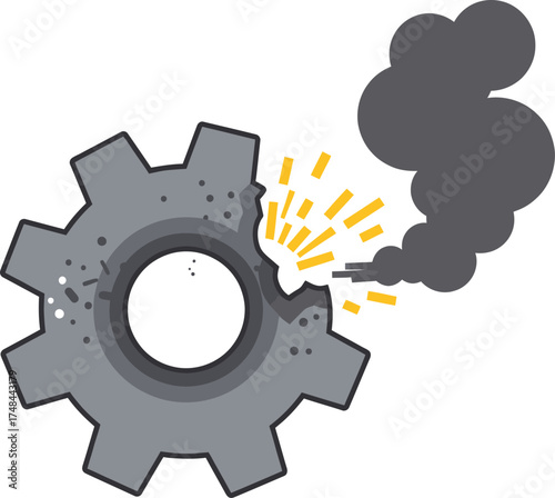 Broken gear with sparks and smoke on white, mechanical failure