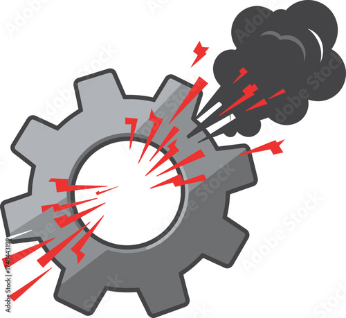 Broken gear with smoke and red sparks on a white background