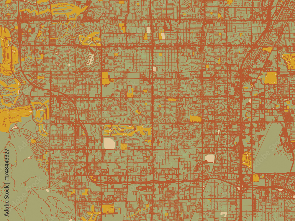 Obraz premium Minimalist flat city map of Spring Valley, Nevada with sage green ground with rust-red roads and ochre accents.