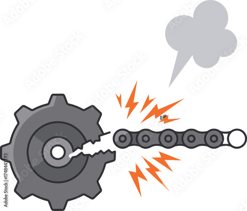 Broken gear with chain and smoke, cartoon illustration on white