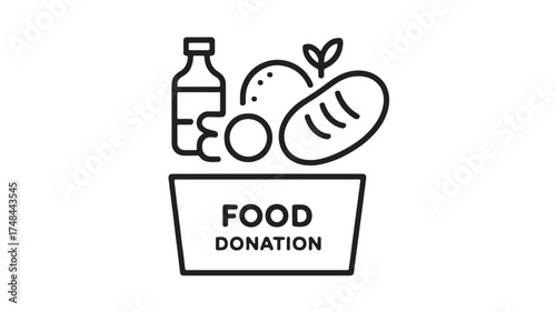 Simple line art illustration of a food donation box filled with groceries like bread, fruit, and a bottle.