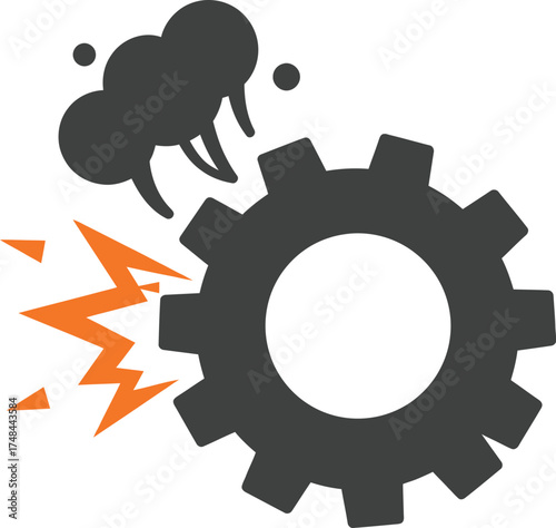 Broken gear with sparks and smoke symbolizing mechanical failure