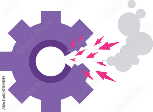 Broken gear emitting sparks and smoke, malfunction concept on white