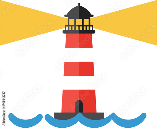 Simple illustration of a red and white lighthouse with a light beam