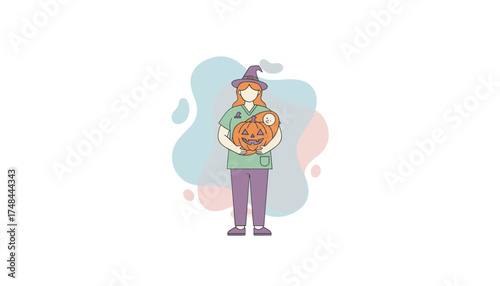 Nurse in witch hat holding baby and Halloween pumpkin Festive healthcare concept