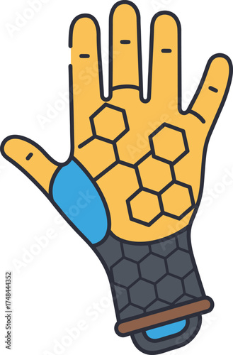 Gloved hand with geometric pattern and futuristic design elements