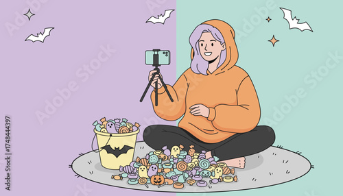 Happy young woman vlogging Halloween candy haul streaming festive social media content