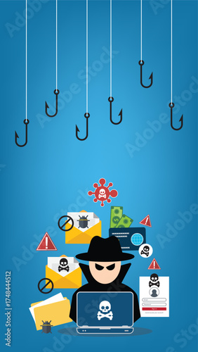 Hacker with laptop computer stealing confidential data, personal information and credit card detail. Hacking concept.	