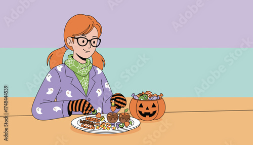 Happy woman enjoying Halloween treats candy chocolate caramel apples Spooky season fun