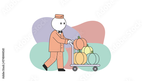 Bellhop delivering colorful pumpkins on a cart Ideal for hospitality autumn or service