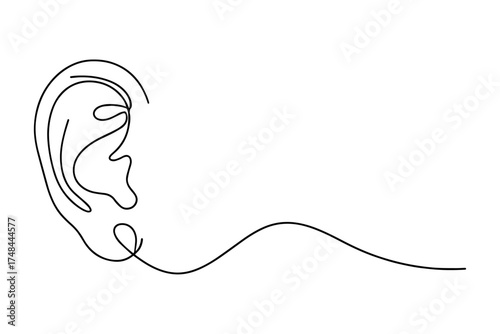 Ear Line Drawing,
Continuous Single Line Art on White Background, Elegant Side Profile Sketch with Flowing Abstract Design
