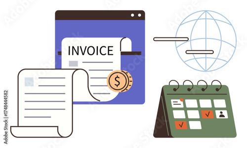 Invoice document with dollar coin, browser window, global network, and marked calendar. Ideal for finance, billing, global business, online platforms, deadlines payment planning simple flat