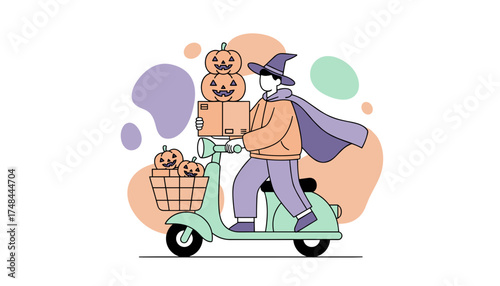Halloween delivery person on scooter with pumpkins and packages Festive holiday shopping