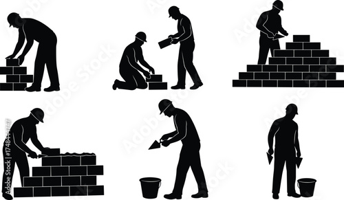 Construction workers silhouette, bricklaying activity, masonry teamwork, trowel and mortar, building 