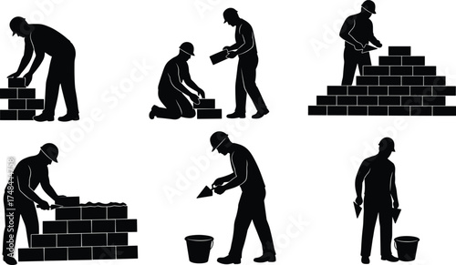 Construction workers silhouette, bricklaying activity, masonry labor, trowel work, teamwork in building site, black vector icons, construction process, tradesmen at work illustration