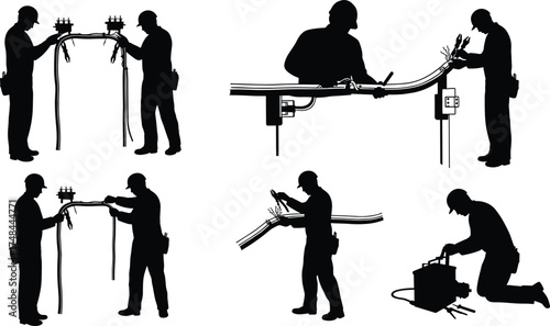 Electrical workers silhouette, cable installation, wire maintenance, control box repair, teamwork in utility service, black vector illustration, technical labor, electrician job, power system