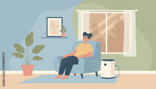 Person relaxing in a living room with an air purifier enjoying clean fresh air at home
