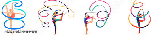 Graceful gymnasts perform rhythmic gymnastics routines with colorful ribbons, showcasing flexibility and artistic expression in dynamic poses.
