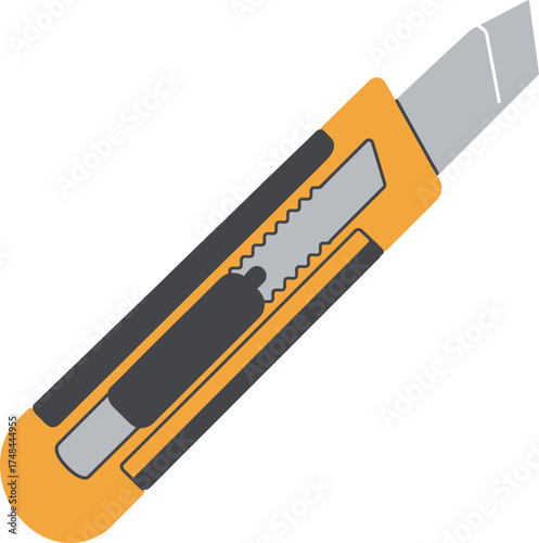 Illustration of an orange and grey retractable utility knife on white