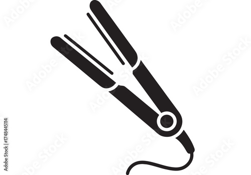 Sleek black hair straightening iron with cord on white background