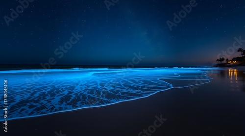 Glowing Bioluminescent Ocean Waves Under Starry Night Sky