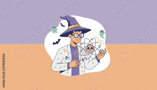 Magical scientist with wizard hat holding a skull atom surrounded by Halloween ghosts and bats